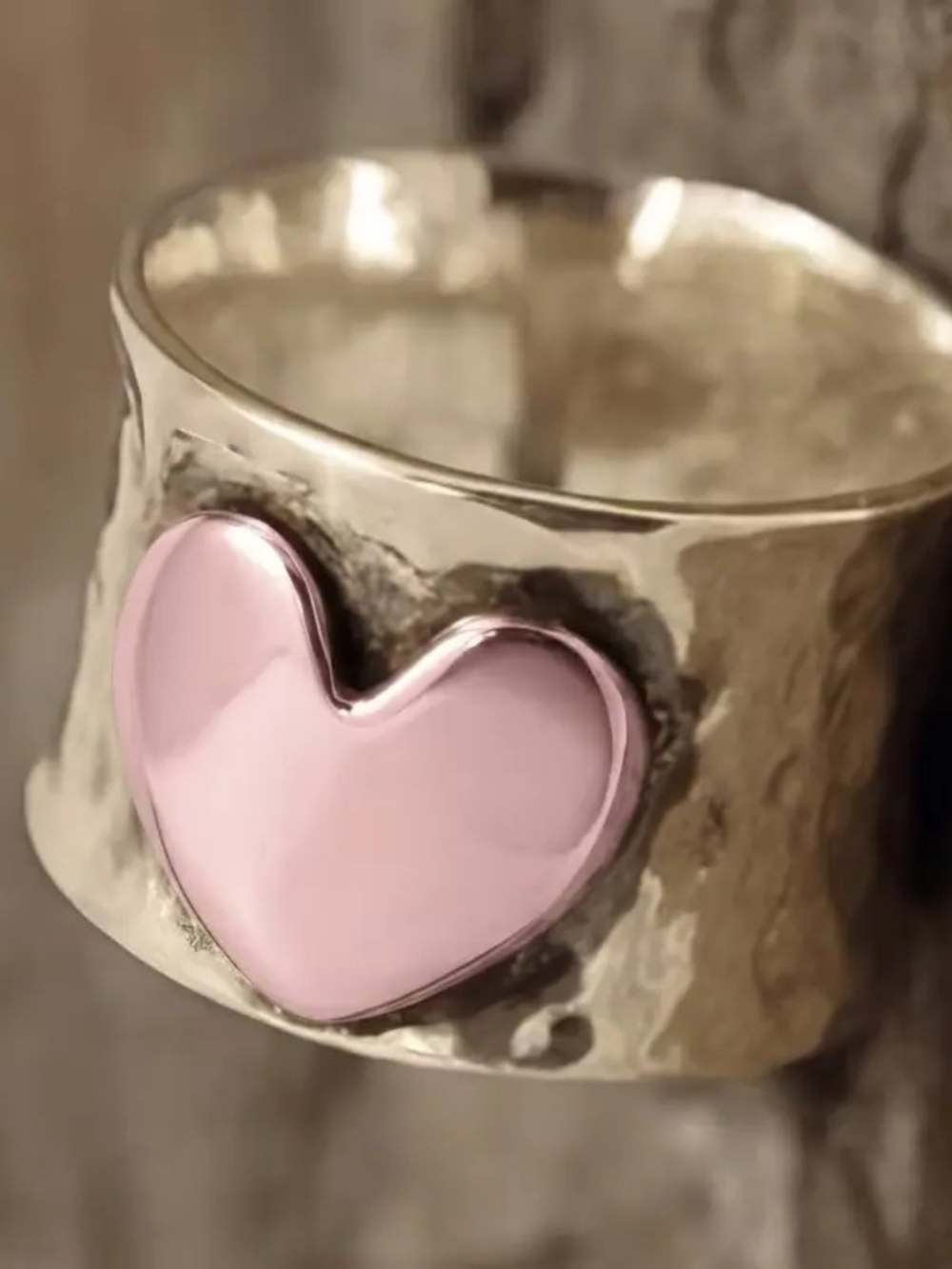 Pink Heart Accent Hammered Metal Band Ring